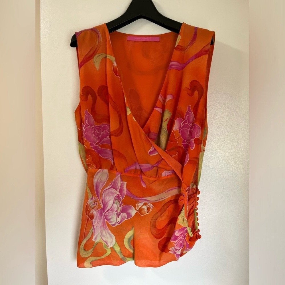 Emanuel Ungaro orange floral silk sleeveless SS 2004 top FR size 42 US size L